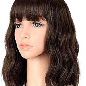 FAELBATY Short Brown Wigs With Bangs Shoulder Length Wig For Women Curly Wavy Sy